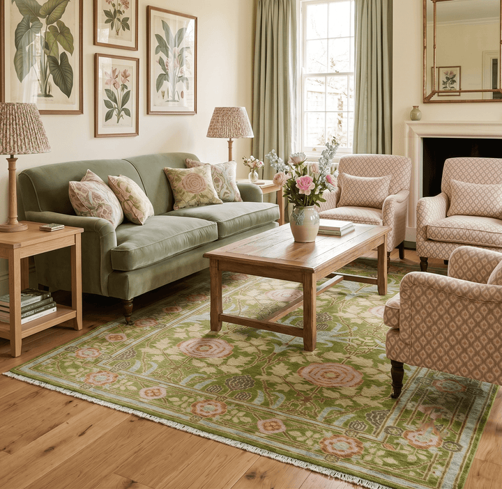 Custom Made Green And Pink Traditional Donegal Design Hand Knotted wool area rug - The Rug Decor