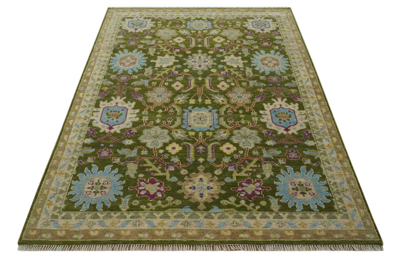 Custom Made Green, Beige and Purple Hand Knotted Traditional Oushak wool area rug - The Rug Decor