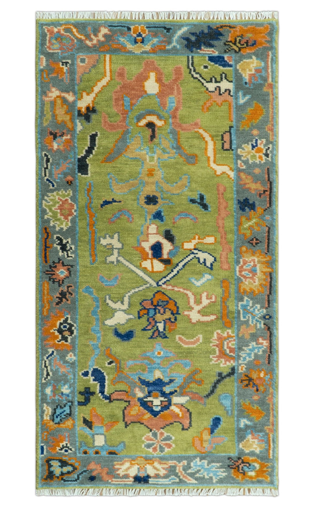 Custom Made Green, Gray and Peach Colorful Hand knotted Traditional Oushak wool Area Rug - The Rug Decor
