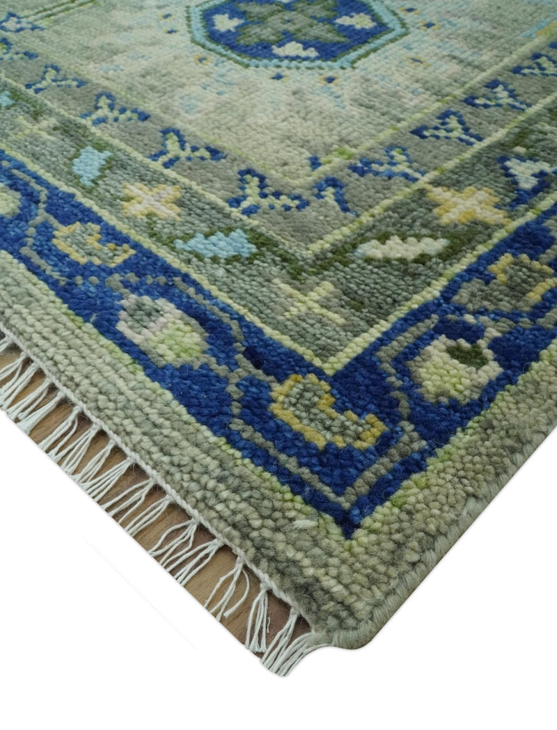 Custom Made Green, Grey and Mustard Hand Knotted Traditional Oushak wool area rug - The Rug Decor