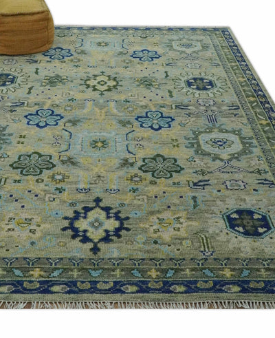 Custom Made Green, Grey and Mustard Hand Knotted Traditional Oushak wool area rug - The Rug Decor