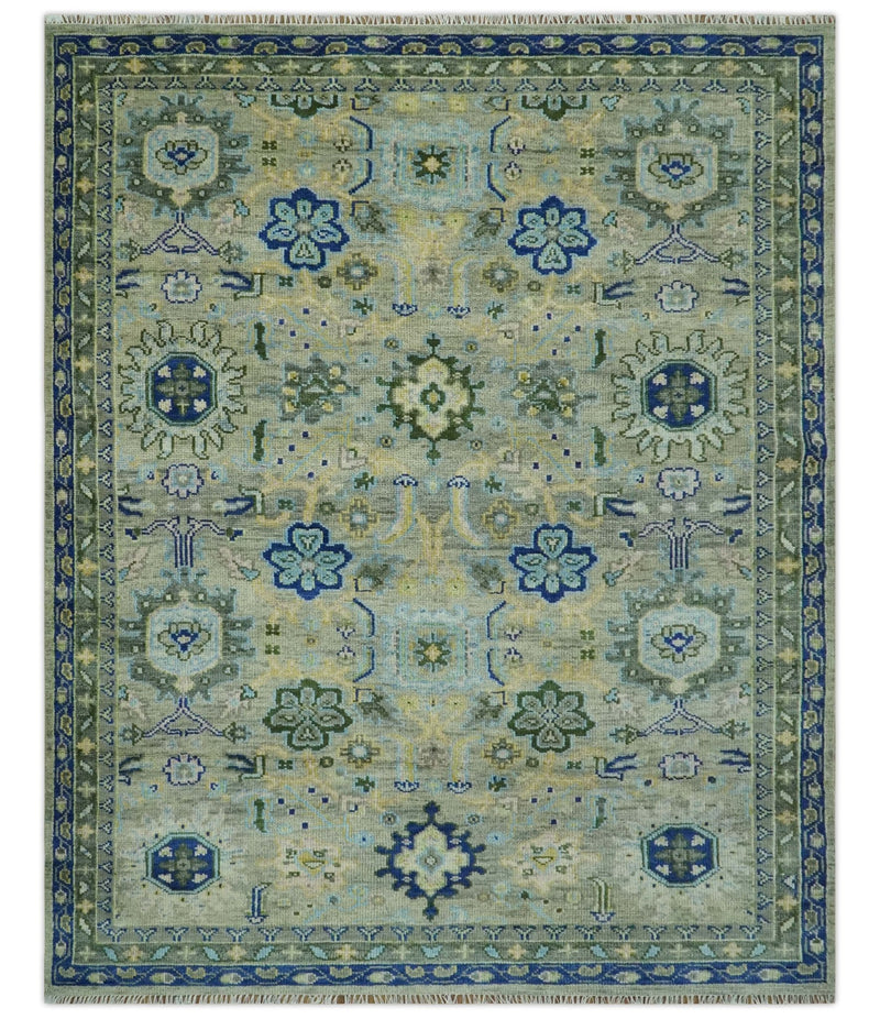 Custom Made Green, Grey and Mustard Hand Knotted Traditional Oushak wool area rug - The Rug Decor