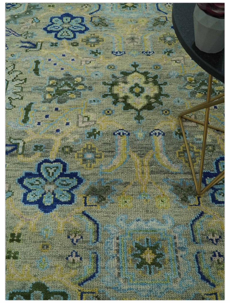 Custom Made Green, Grey and Mustard Hand Knotted Traditional Oushak wool area rug - The Rug Decor