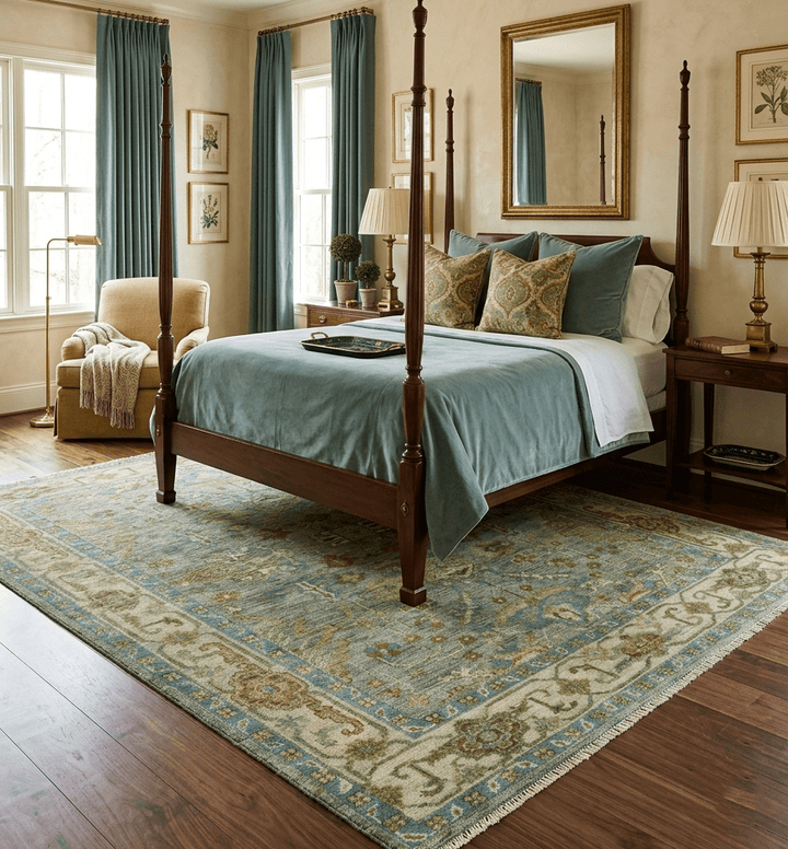 Custom Made Green Hand Knotted Antique Design Traditional Oushak wool area rug - The Rug Decor