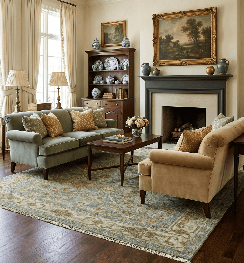 Custom Made Green Hand Knotted Antique Design Traditional Oushak wool area rug - The Rug Decor
