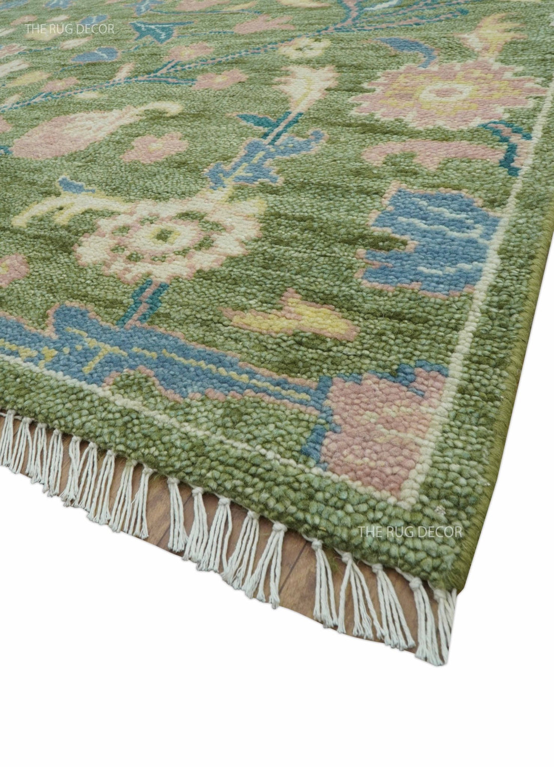 Custom Made Green Leaf's and Flowers Hand Knotted Wool Rug - The Rug Decor