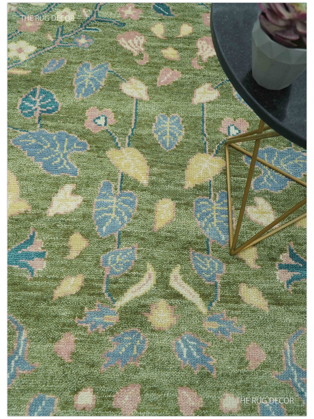 Custom Made Green Leaf's and Flowers Hand Knotted Wool Rug - The Rug Decor
