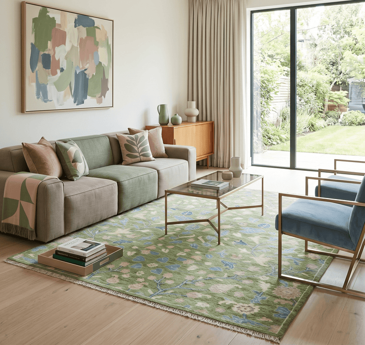 Custom Made Green Leaf's and Flowers Hand Knotted Wool Rug - The Rug Decor