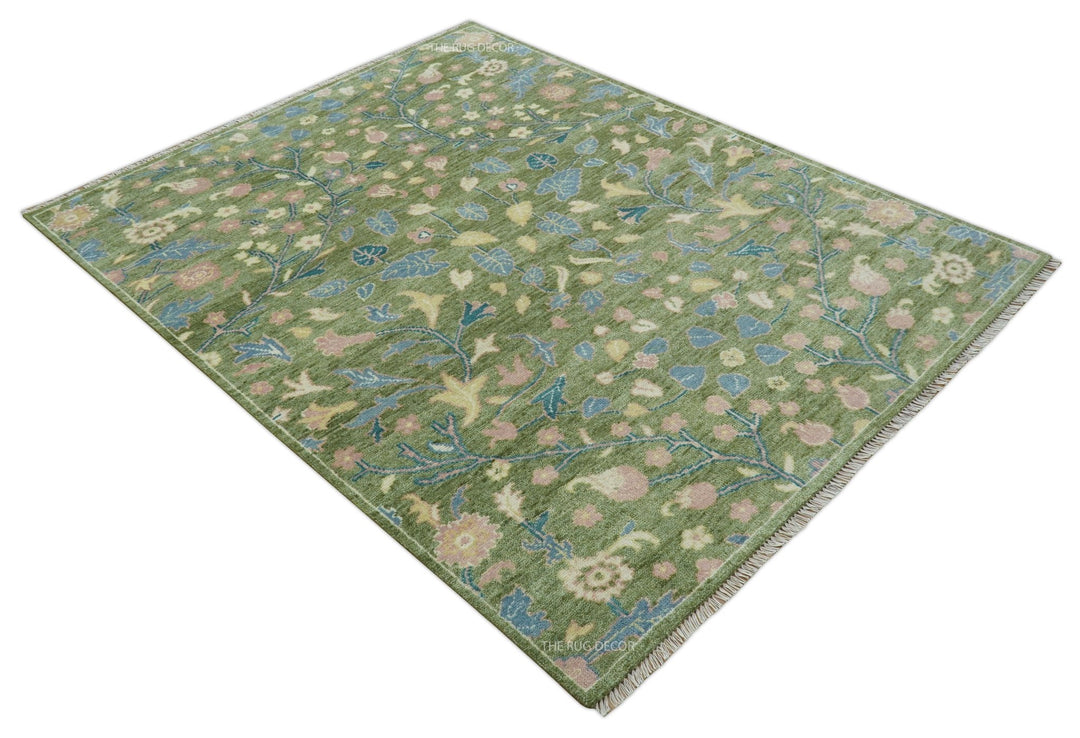 Custom Made Green Leaf's and Flowers Hand Knotted Wool Rug - The Rug Decor