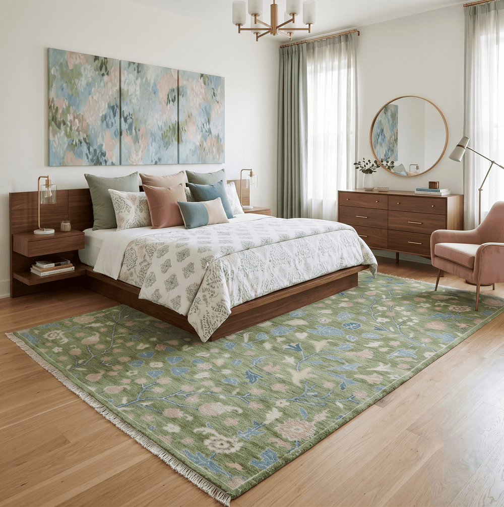 Custom Made Green Leaf's and Flowers Hand Knotted Wool Rug - The Rug Decor