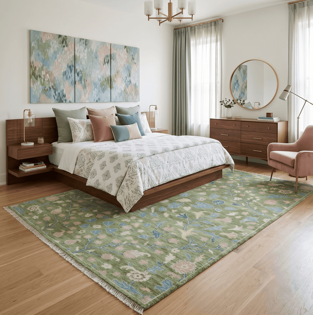 Custom Made Green Leaf's and Flowers Hand Knotted Wool Rug - The Rug Decor