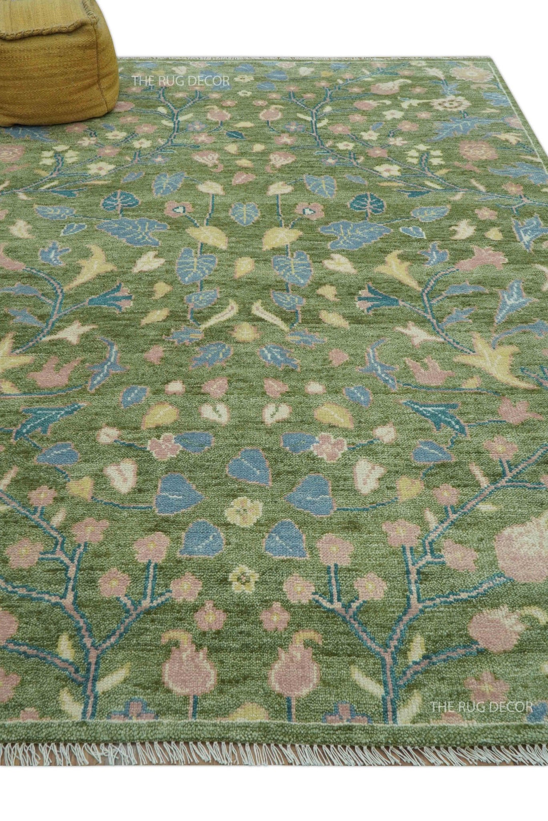 Custom Made Green Leaf's and Flowers Hand Knotted Wool Rug - The Rug Decor