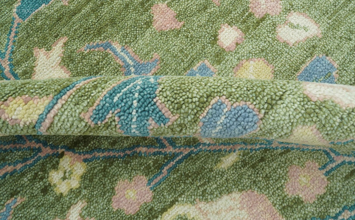 Custom Made Green Leaf's and Flowers Hand Knotted Wool Rug - The Rug Decor