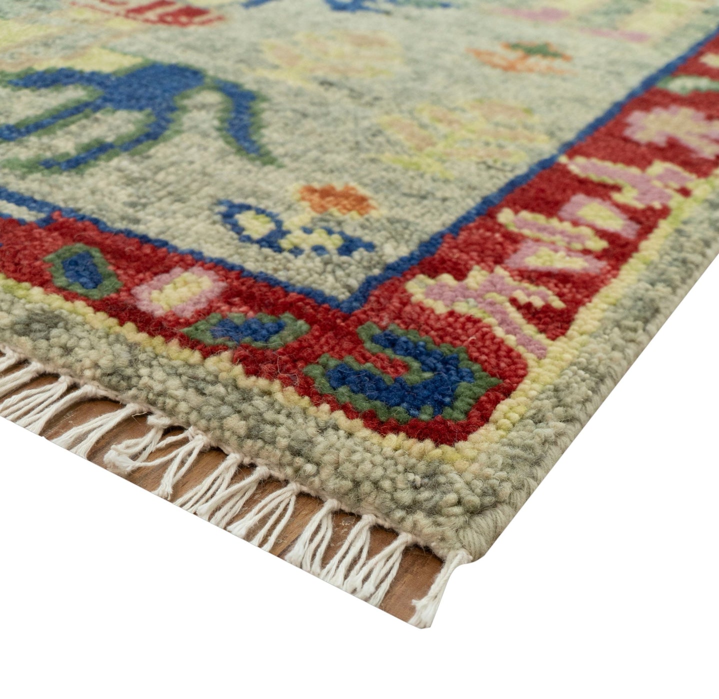 Custom Made Greenish Beige, Rust And Blue Folk Art Hand Knotted Wool Area Rug - The Rug Decor