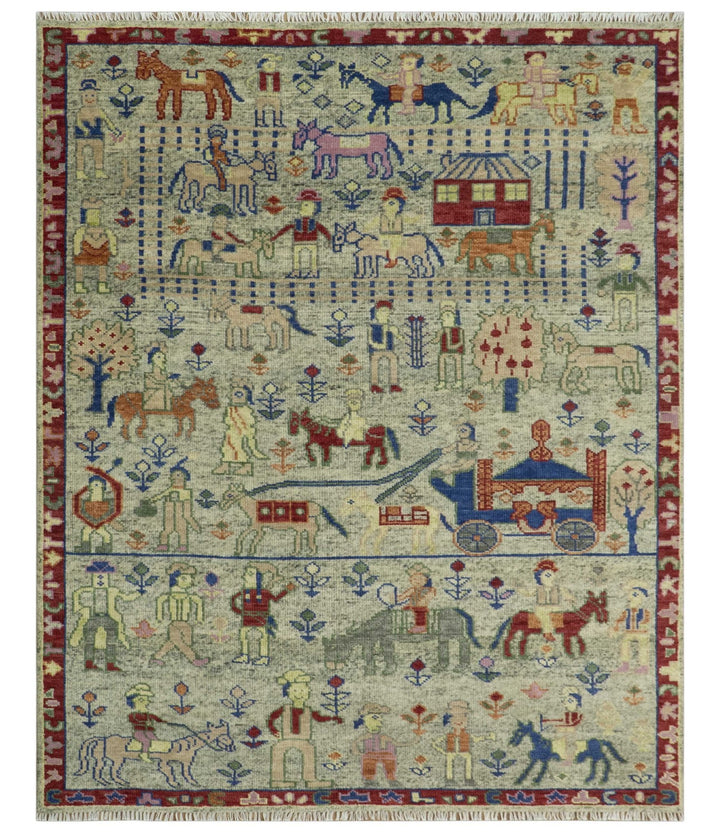 Custom Made Greenish Beige, Rust And Blue Folk Art Hand Knotted Wool Area Rug - The Rug Decor