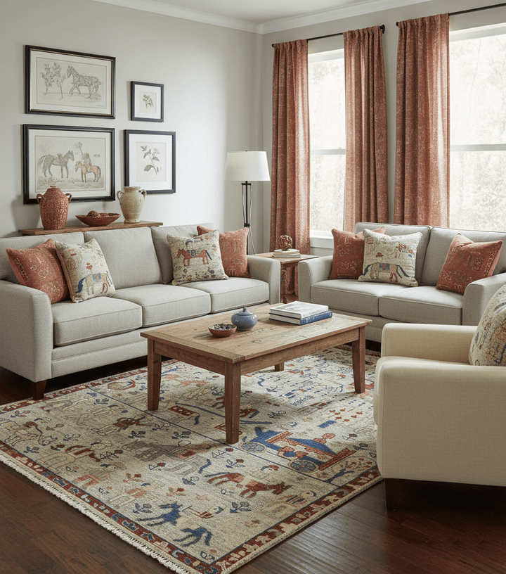 Custom Made Greenish Beige, Rust And Blue Folk Art Hand Knotted Wool Area Rug - The Rug Decor