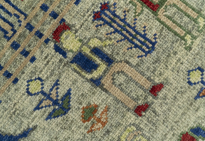 Custom Made Greenish Beige, Rust And Blue Folk Art Hand Knotted Wool Area Rug - The Rug Decor