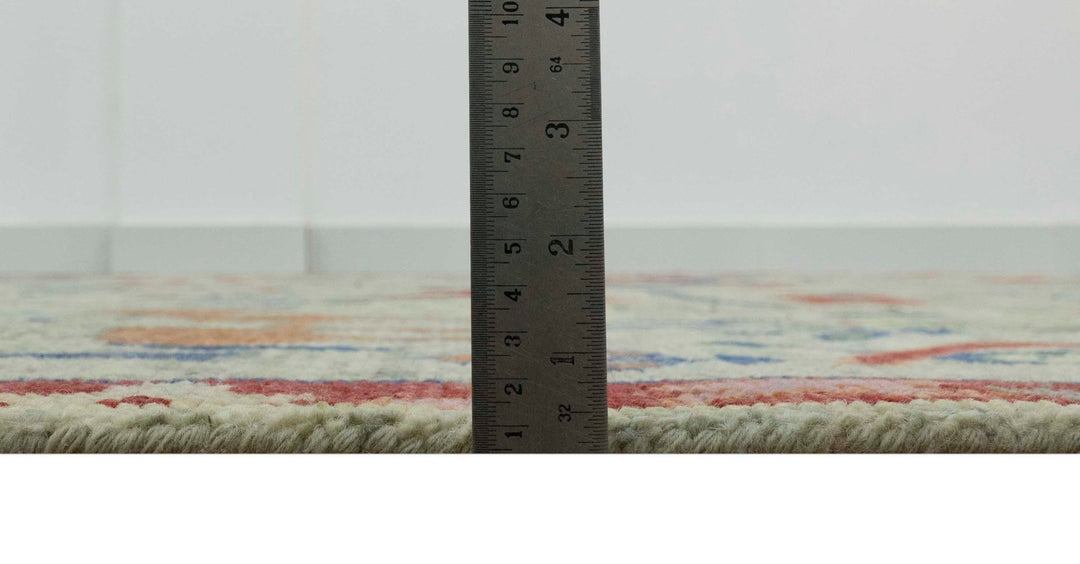 Custom Made Greenish Beige, Rust And Blue Folk Art Hand Knotted Wool Area Rug - The Rug Decor