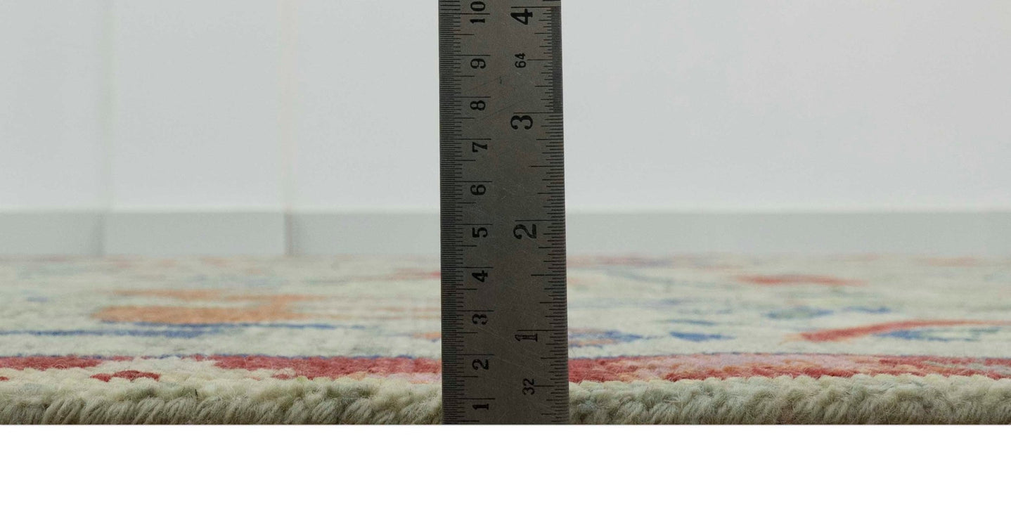 Custom Made Greenish Beige, Rust And Blue Folk Art Hand Knotted Wool Area Rug - The Rug Decor