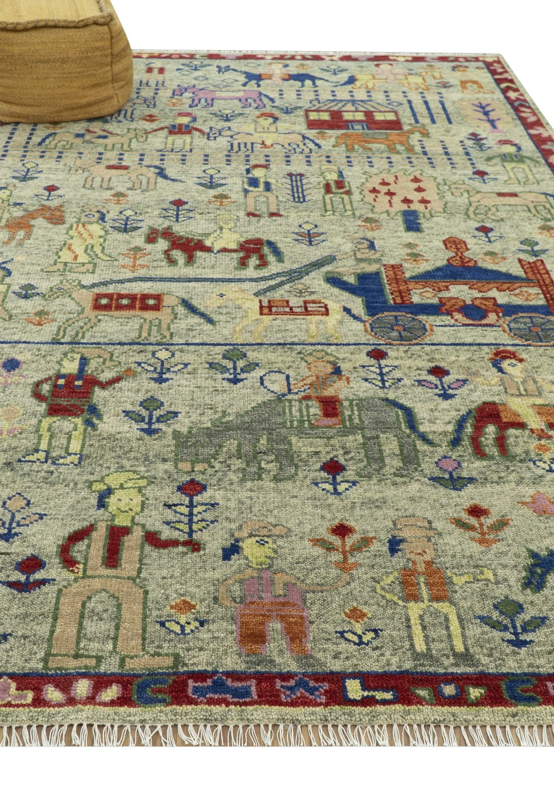 Custom Made Greenish Beige, Rust And Blue Folk Art Hand Knotted Wool Area Rug - The Rug Decor