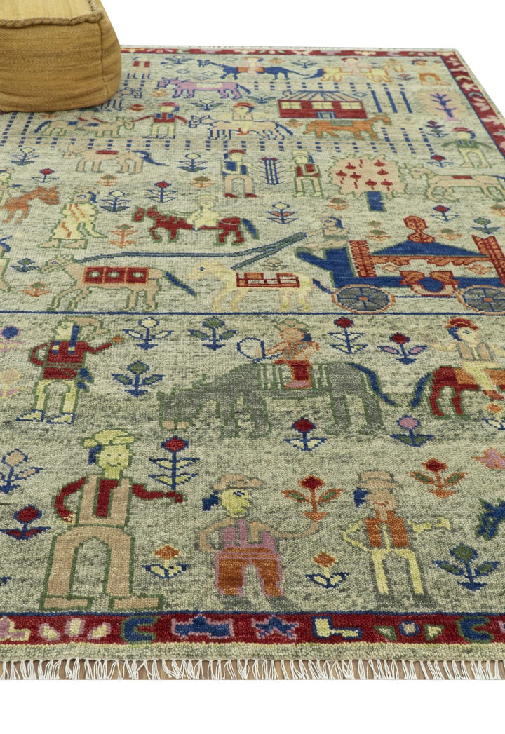 Custom Made Greenish Beige, Rust And Blue Folk Art Hand Knotted Wool Area Rug - The Rug Decor