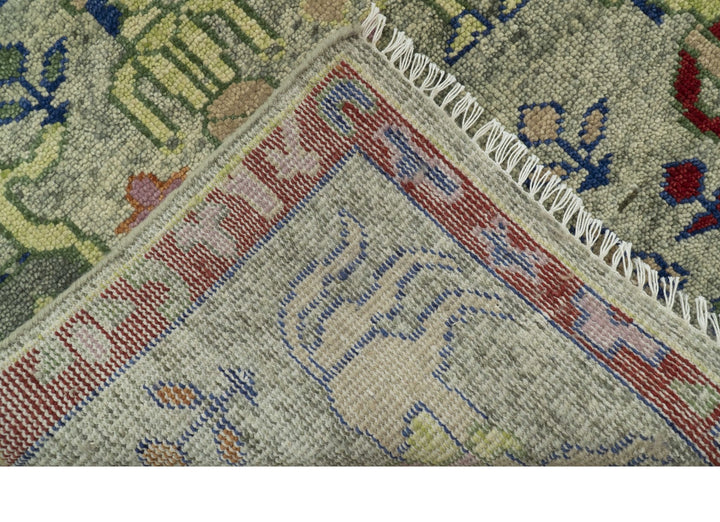 Custom Made Greenish Beige, Rust And Blue Folk Art Hand Knotted Wool Area Rug - The Rug Decor