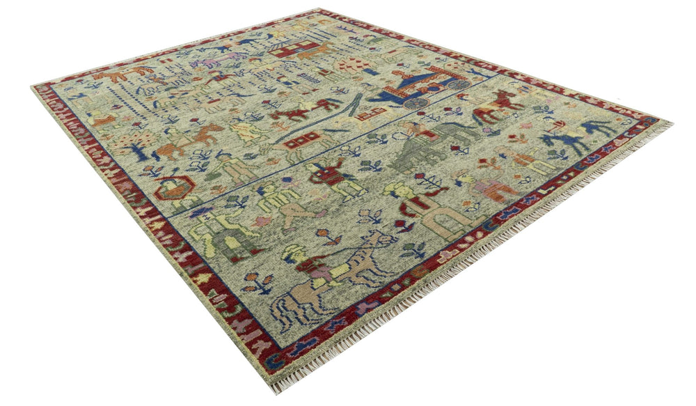 Custom Made Greenish Beige, Rust And Blue Folk Art Hand Knotted Wool Area Rug - The Rug Decor