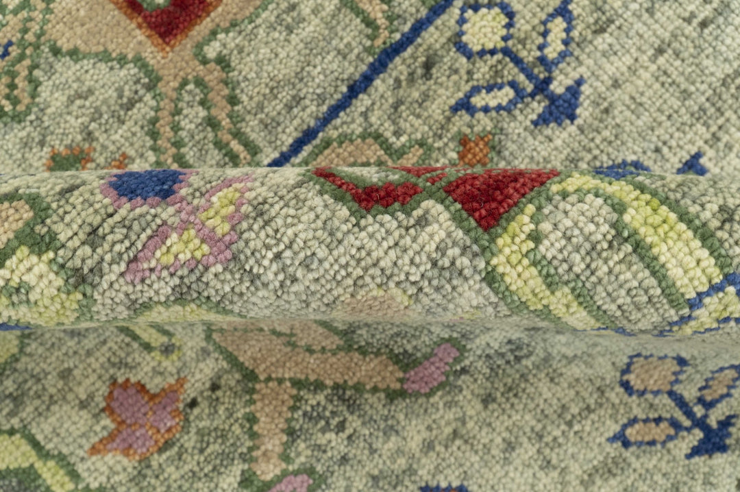 Custom Made Greenish Beige, Rust And Blue Folk Art Hand Knotted Wool Area Rug - The Rug Decor