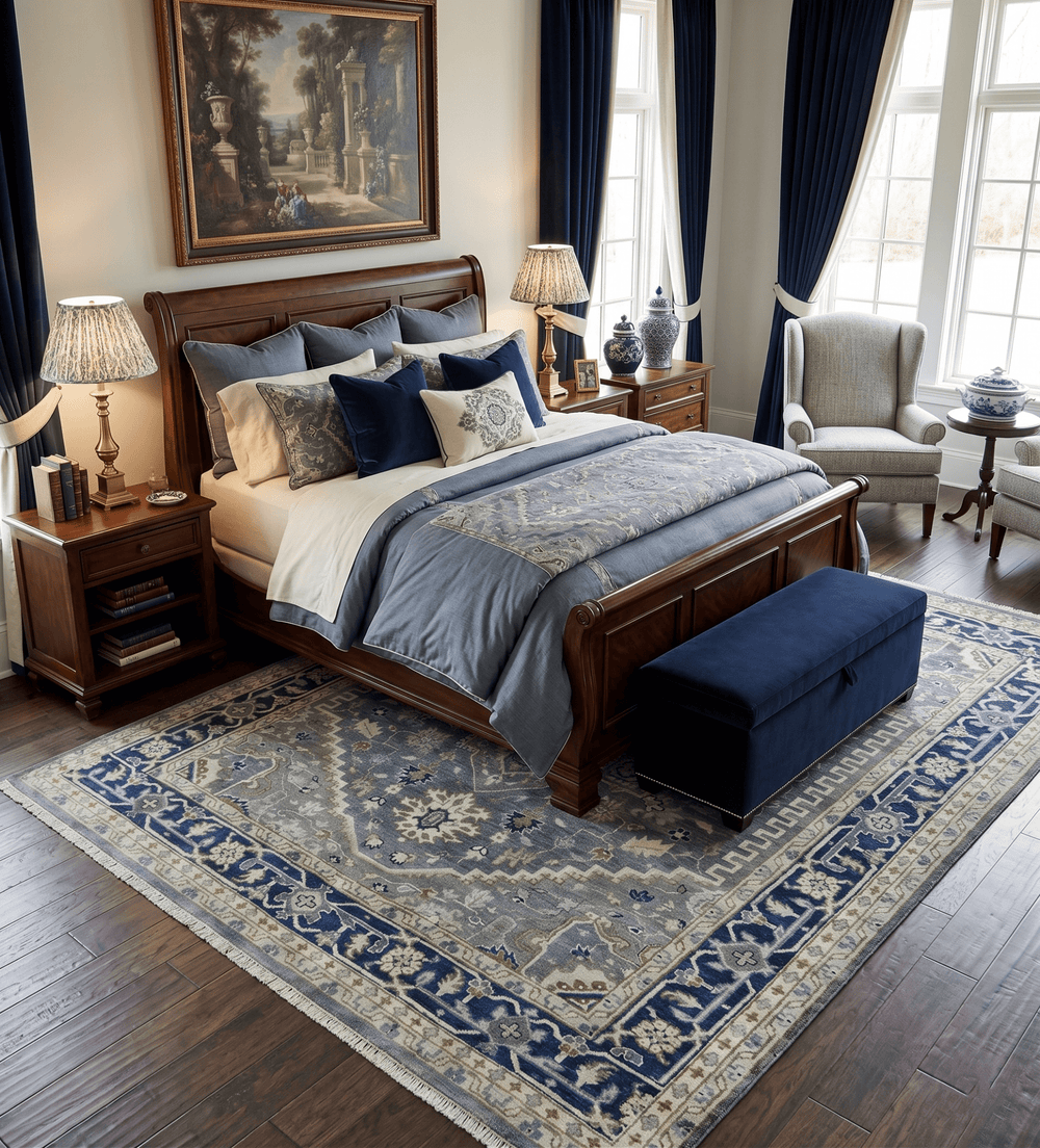 Custom Made Hand Knotted Beige and Blue Traditional Heriz Wool Area Rug - The Rug Decor