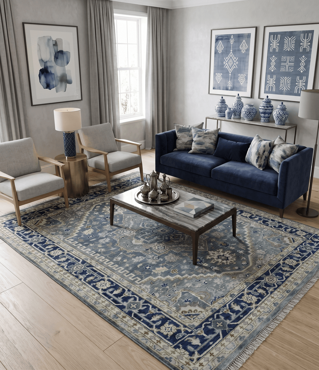 Custom Made Hand Knotted Beige and Blue Traditional Heriz Wool Area Rug - The Rug Decor
