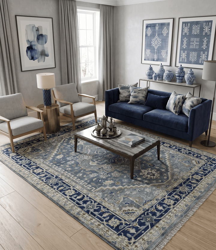 Custom Made Hand Knotted Beige and Blue Traditional Heriz Wool Area Rug - The Rug Decor