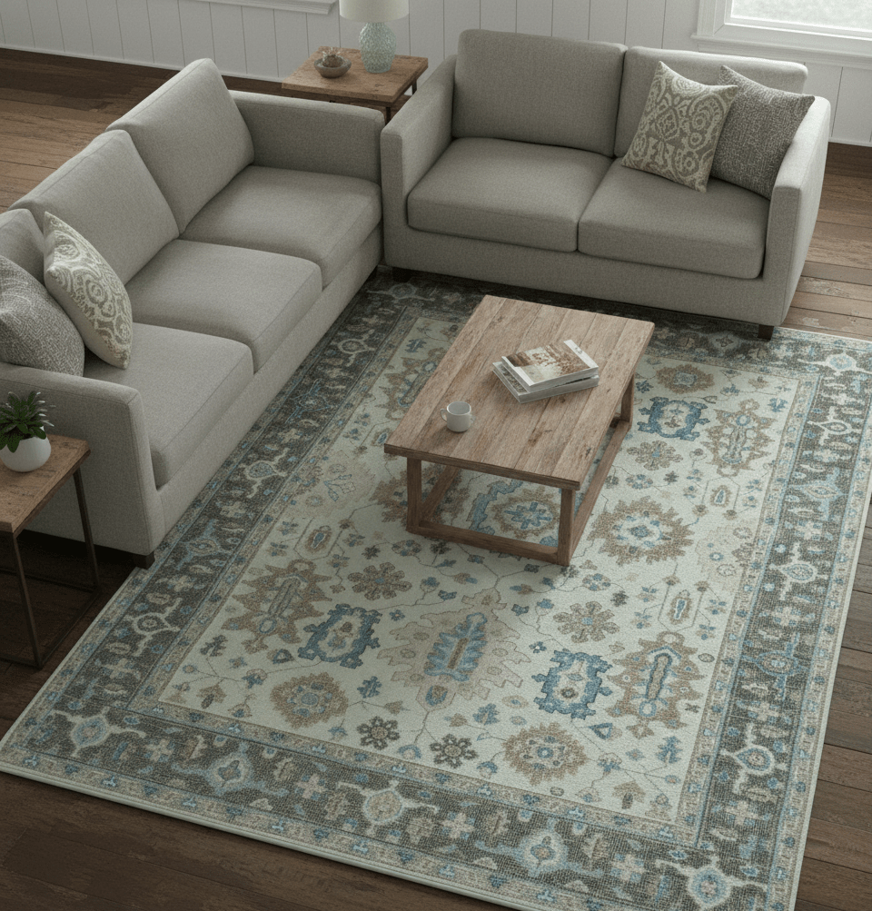 Custom Made Hand Knotted Beige and Blue Traditional Turkish Wool Area Rug - The Rug Decor