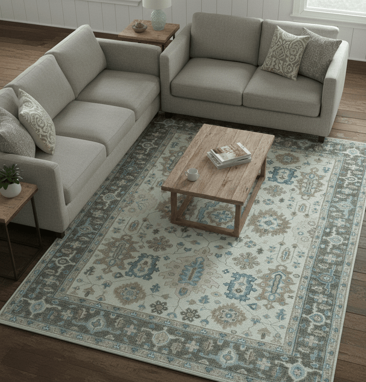 Custom Made Hand Knotted Beige and Blue Traditional Turkish Wool Area Rug - The Rug Decor