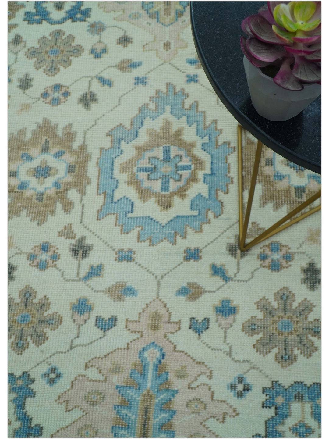 Custom Made Hand Knotted Beige and Blue Traditional Turkish Wool Area Rug - The Rug Decor