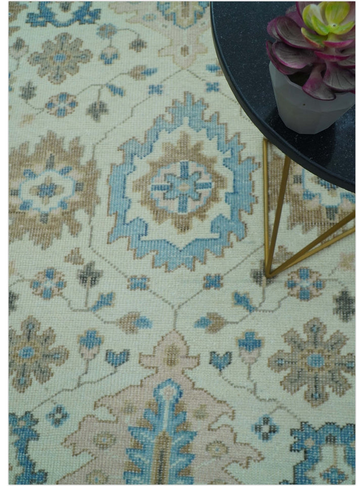 Custom Made Hand Knotted Beige and Blue Traditional Turkish Wool Area Rug - The Rug Decor