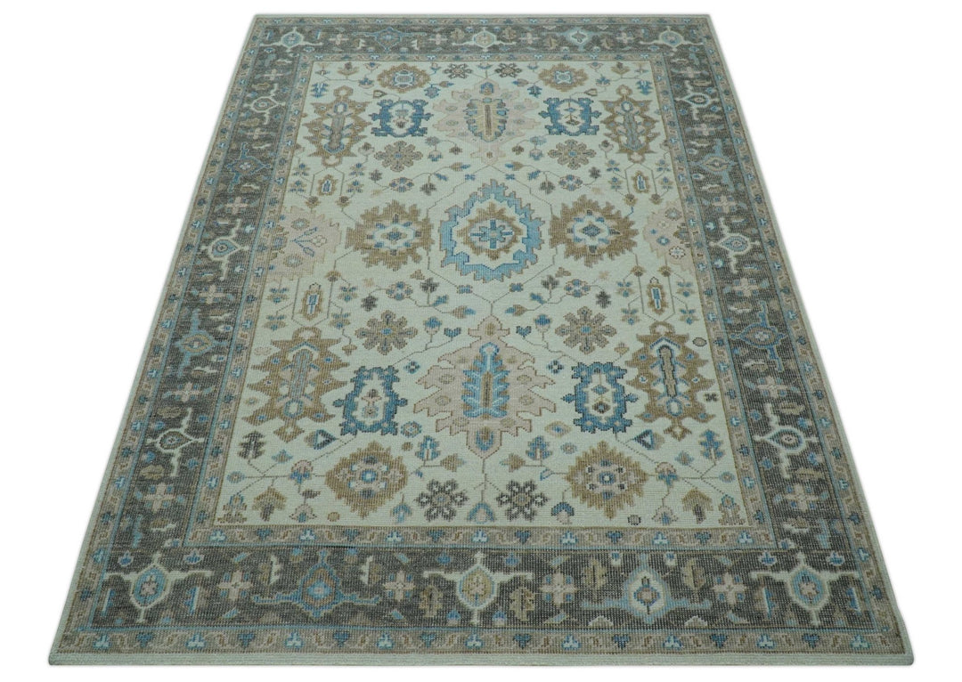 Custom Made Hand Knotted Beige and Blue Traditional Turkish Wool Area Rug - The Rug Decor