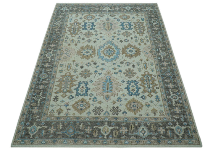Custom Made Hand Knotted Beige and Blue Traditional Turkish Wool Area Rug - The Rug Decor
