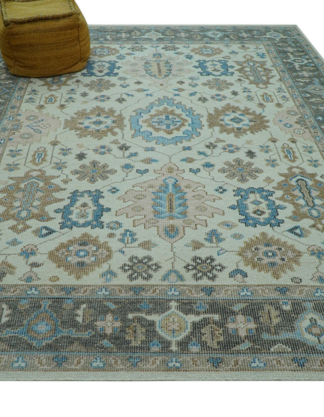 Custom Made Hand Knotted Beige and Blue Traditional Turkish Wool Area Rug - The Rug Decor