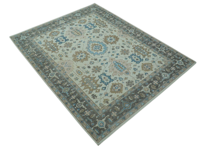 Custom Made Hand Knotted Beige and Blue Traditional Turkish Wool Area Rug - The Rug Decor