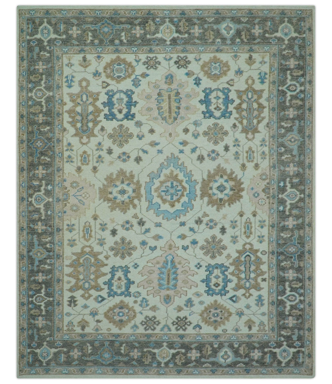 Custom Made Hand Knotted Beige and Blue Traditional Turkish Wool Area Rug - The Rug Decor