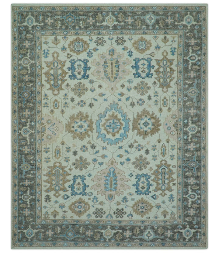 Custom Made Hand Knotted Beige and Blue Traditional Turkish Wool Area Rug - The Rug Decor