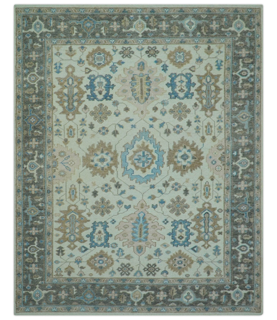 Custom Made Hand Knotted Beige and Blue Traditional Turkish Wool Area Rug - The Rug Decor