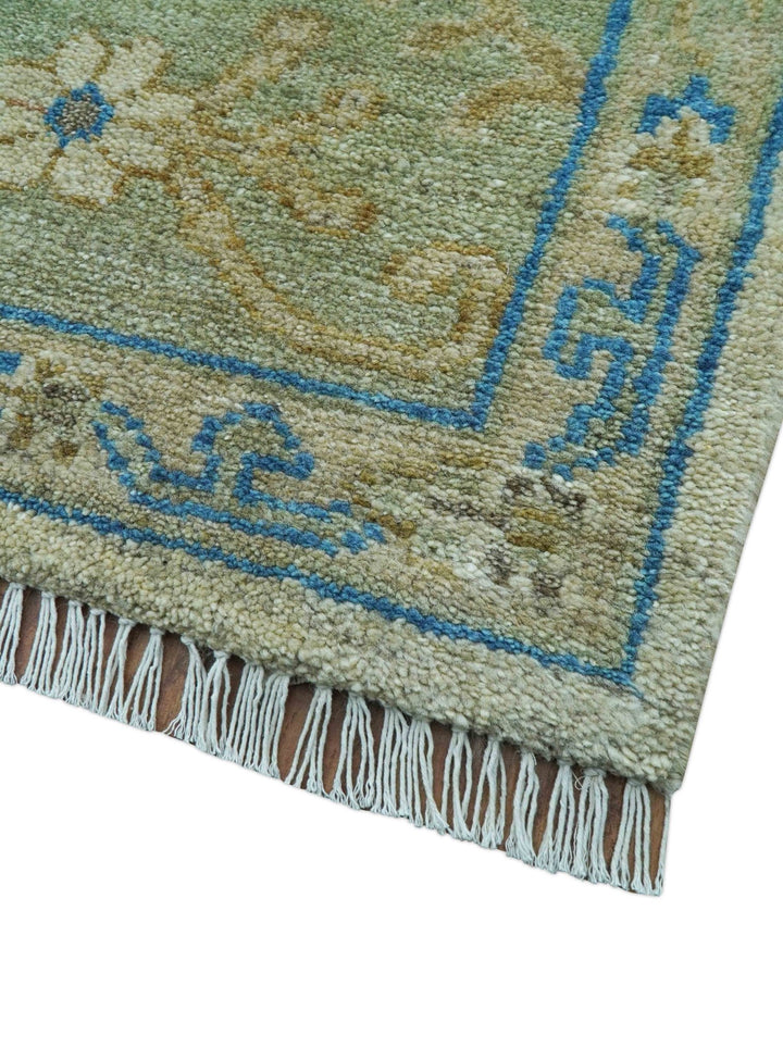 Custom Made Hand Knotted Beige and Blue Traditional Turkish Wool Rug - The Rug Decor