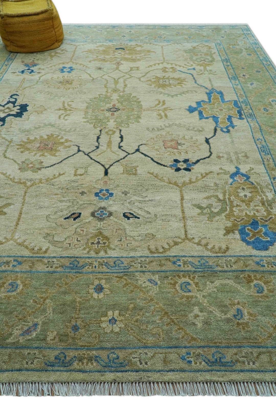 Custom Made Hand Knotted Beige and Blue Traditional Turkish Wool Rug - The Rug Decor