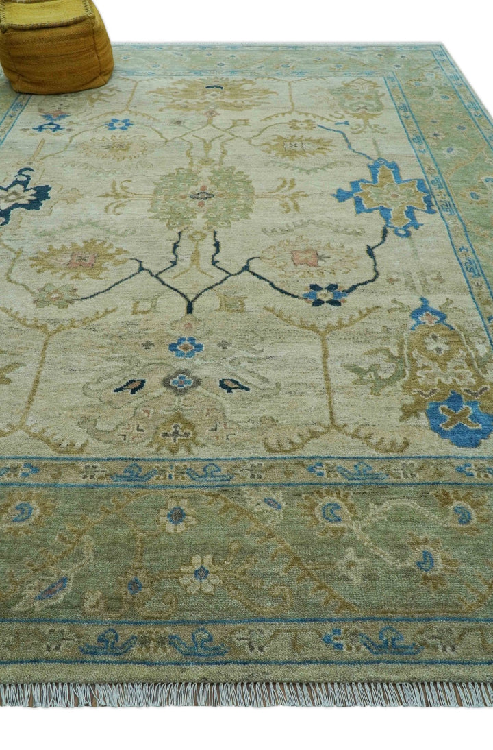 Custom Made Hand Knotted Beige and Blue Traditional Turkish Wool Rug - The Rug Decor