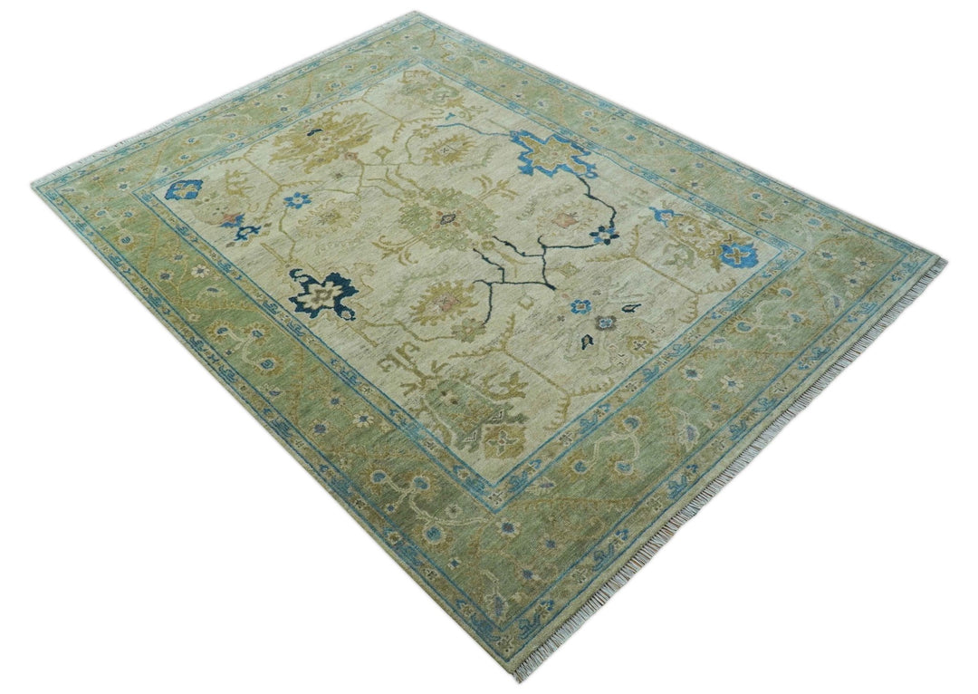 Custom Made Hand Knotted Beige and Blue Traditional Turkish Wool Rug - The Rug Decor