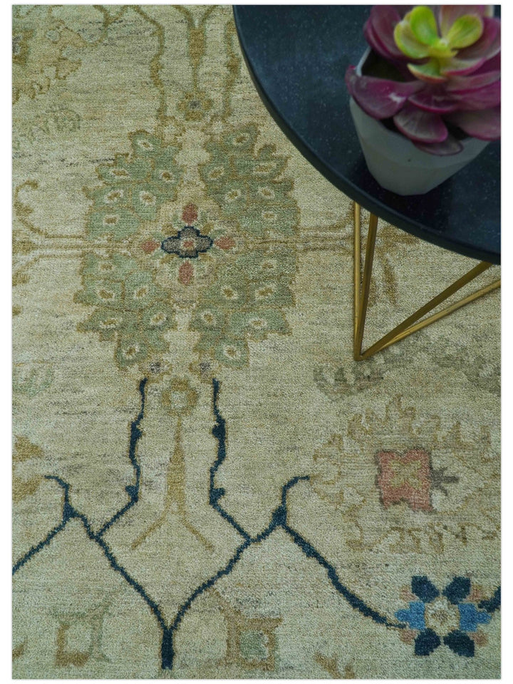 Custom Made Hand Knotted Beige and Blue Traditional Turkish Wool Rug - The Rug Decor