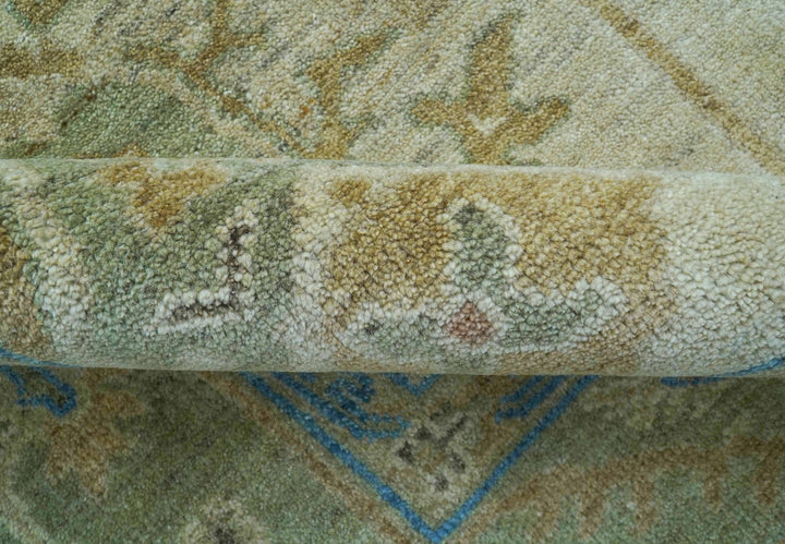 Custom Made Hand Knotted Beige and Blue Traditional Turkish Wool Rug - The Rug Decor