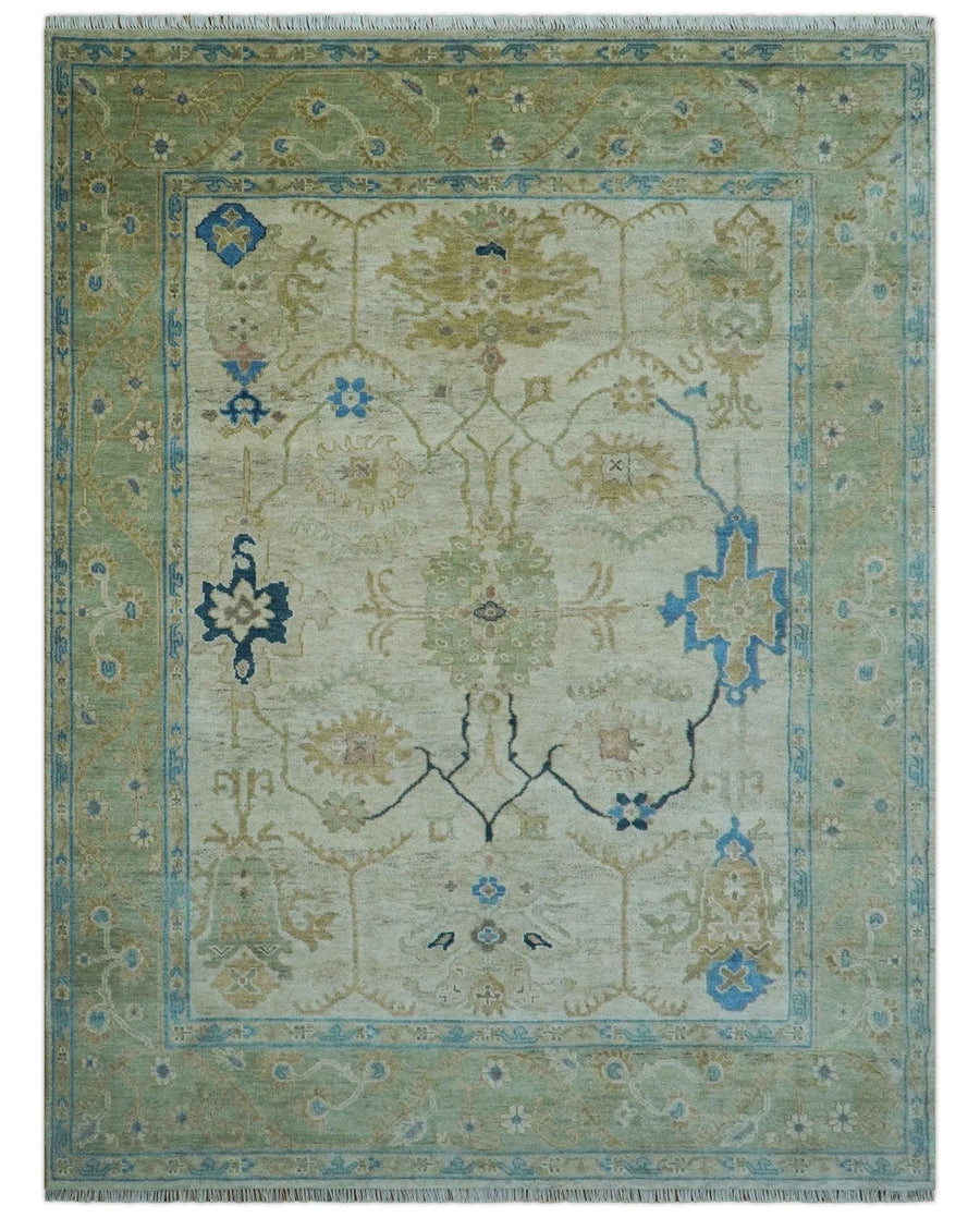 Custom Made Hand Knotted Beige and Blue Traditional Turkish Wool Rug - The Rug Decor