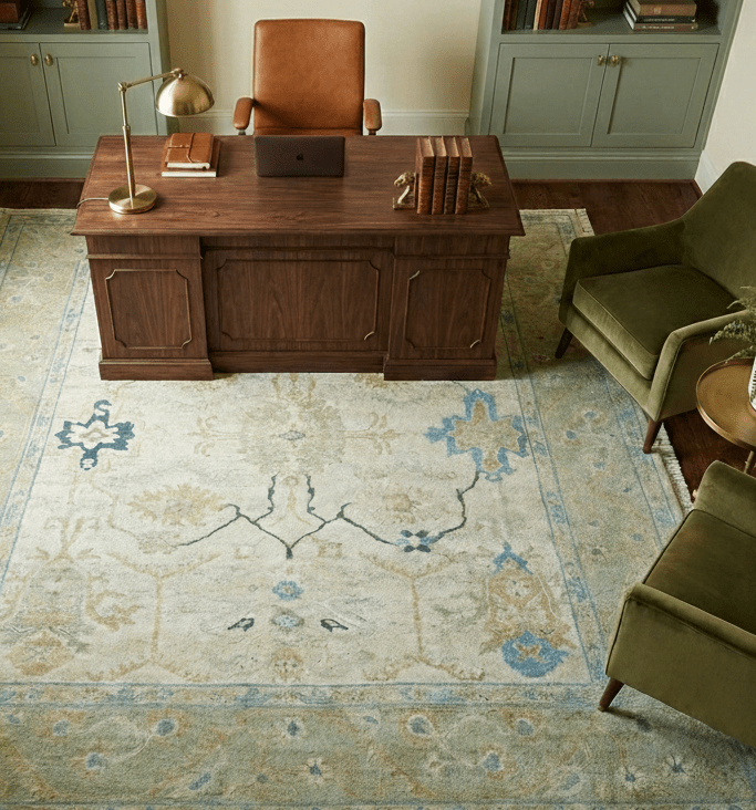 Custom Made Hand Knotted Beige and Blue Traditional Turkish Wool Rug - The Rug Decor